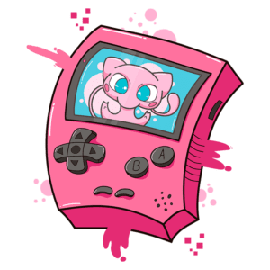 Console de videogame rosa com um desenho de um personagem fofo na tela, destacando um estilo artístico divertido e colorido.