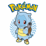 Personagem Squirtle da franquia Pokémon, com corpo azul e mochila de água, posando de forma amigável. O fundo apresenta um padrão vibrante, e o logotipo "Pokémon" está no topo da imagem.
