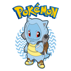 Personagem Squirtle da franquia Pokémon, com corpo azul e mochila de água, posando de forma amigável. O fundo apresenta um padrão vibrante, e o logotipo "Pokémon" está no topo da imagem.