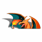 Charizard em posição de ataque, soltando fogo, com asas abertas e um corpo laranja vibrante, representando um Pokémon icônico.