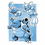 Trio de Pokémon em estilo cartoon, incluindo Squirtle, Wartortle e Blastoise, todos representados em tons de azul. O fundo é decorado com padrões em azul claro, destacando a evolução desses populares personagens da franquia Pokémon.