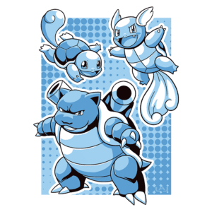 Trio de Pokémon em estilo cartoon, incluindo Squirtle, Wartortle e Blastoise, todos representados em tons de azul. O fundo é decorado com padrões em azul claro, destacando a evolução desses populares personagens da franquia Pokémon.