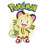 Imagem de um personagem Pokémon vestido com um macacão amarelo, inspirado no Pokémon Meowth, com fundo em padrões zig-zagueantes. O nome "Pokémon" aparece em destaque na parte superior.