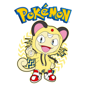 Imagem de um personagem Pokémon vestido com um macacão amarelo, inspirado no Pokémon Meowth, com fundo em padrões zig-zagueantes. O nome "Pokémon" aparece em destaque na parte superior.