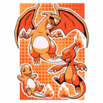 Imagem colorida de três Pokémon da linha evolutiva de Charizard: Charmander, Charmeleon e Charizard, todos com detalhes vibrantes e chamas ao fundo.