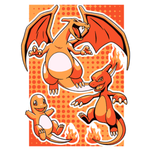 Imagem colorida de três Pokémon da linha evolutiva de Charizard: Charmander, Charmeleon e Charizard, todos com detalhes vibrantes e chamas ao fundo.