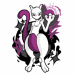 Ilustração do Pokémon Mewtwo com corpo branco e detalhes em roxo, segurando uma esfera de poder em uma das mãos, cercado por elementos gráficos em estilo de ação.