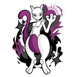Ilustração do Pokémon Mewtwo com corpo branco e detalhes em roxo, segurando uma esfera de poder em uma das mãos, cercado por elementos gráficos em estilo de ação.