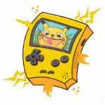 Console de videogame amarelo com imagem de um Pokémon sorridente na tela, cercado por elementos gráficos vibrantes. Ideal para fãs de jogos e cultura pop.