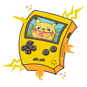 Console de videogame amarelo com imagem de um Pokémon sorridente na tela, cercado por elementos gráficos vibrantes. Ideal para fãs de jogos e cultura pop.