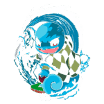 Personagem de desenho animado inspirado em um Pokémon, segurando uma prancha de surf e rodeado por ondas de água, vestindo um suéter xadrez verde e azul.