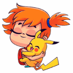 Menina com cabelo laranja e coque abraçando Pikachu, personagem amarelo e sorridente, em um fundo verde. Ideal para temática de amizade entre crianças e Pokémon.