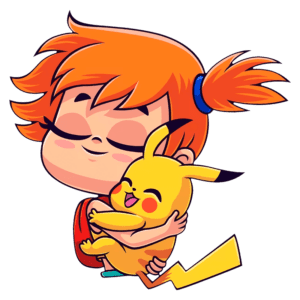 Menina com cabelo laranja e coque abraçando Pikachu, personagem amarelo e sorridente, em um fundo verde. Ideal para temática de amizade entre crianças e Pokémon.
