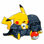 Pikachu vestido como Darth Vader, segurando um donut, com um Pokébola ao lado, representando uma fusão divertida entre Pokémon e Star Wars.
