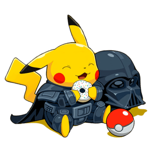 Pikachu vestido como Darth Vader, segurando um donut, com um Pokébola ao lado, representando uma fusão divertida entre Pokémon e Star Wars.
