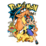 Imagem ilustrativa do Pokémon, mostrando um treinador vitorioso ao lado de Charizard e Pikachu. O design inclui o texto "Pokémon", "Champion" e "1st Pokémon League", destacando temas de conquista e aventura no universo Pokémon.