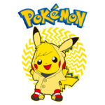 Imagem de Pikachu, personagem icônico da franquia Pokémon, vestindo um moletom amarelo, sorrindo e posando com um fundo de linhas amarelas em zigue-zague. Ideal para conteúdo relacionado a Pokémon, cultura pop e produtos de anime.