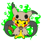 Mimikyu vestido de Pikachu, com expressão confiante e ambiente sombrio rodeado por um efeito verde e símbolos de caveiras.
