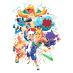 Imagem colorida de um treinador Pokémon com uma variedade de Pokémon ao seu redor, incluindo Pikachu, Charizard e Gengar. O treinador, vestido com um boné e mochila, exibe um sorriso confiante enquanto segura um Pokémon. A cena captura a essência da aventura e amizade no universo Pokémon.