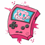 Ilustração de um console de videogame portátil rosa com um personagem de desenho animado, Mew, na tela. O design é vibrante e divertido, destacando botões de controle e elementos gráficos coloridos ao redor. Ideal para fãs de jogos e cultura pop.