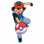 Personagem Ash Ketchum da série Pokémon, segurando uma Pokébola e sorrindo, vestido com um boné vermelho e uma jaqueta azul.