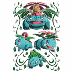 Imagem ilustrativa de Bulbasaur e suas evoluções, incluindo Ivysaur e Venusaur, rodeados por folhagens tropicais. Os personagens apresentam expressões determinadas, destacando seu tema de Pokémon planta. Ideal para fãs da franquia Pokémon e para conteúdo sobre personagens e evolução em jogos.