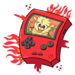 Console de videogame portátil vermelho com design vibrante, apresentando um personagem divertido na tela. Chamas estilizadas ao redor do console, destacando um estilo gráfico animado e atraente para fãs de jogos.