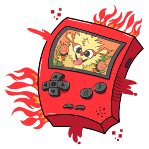 Console de videogame portátil vermelho com design vibrante, apresentando um personagem divertido na tela. Chamas estilizadas ao redor do console, destacando um estilo gráfico animado e atraente para fãs de jogos.