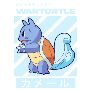 Ilustração do Pokémon Wartortle, uma criatura aquática com carapaça marrom e cauda azul. O personagem é mostrado em perfil, com uma expressão amigável e pronto para ação. O fundo apresenta listras diagonais em tons de azul, destacando o nome "WARTORTLE" em letras grandes.