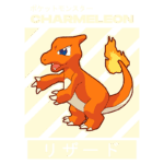 Ilustração do Pokémon Charmeleon, um Pokémon de tipo fogo, com corpo laranja e cauda em chamas, destacando-se sobre um fundo em padrão diagonal.