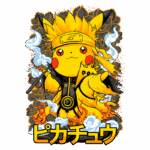 Pikachu estilo ninja com cabelo amarelo e faixa, envolto em chamas e fumaça, representando uma fusão entre Pokémon e cultura japonesa. Ilustração vibrante com texto em japonês "Пикачу".