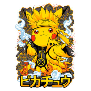 Pikachu estilo ninja com cabelo amarelo e faixa, envolto em chamas e fumaça, representando uma fusão entre Pokémon e cultura japonesa. Ilustração vibrante com texto em japonês "Пикачу".