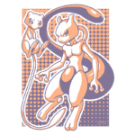 Ilustração de Mewtwo e Mew, personagens icônicos da franquia Pokémon, em cores suaves e estilo minimalista. Mewtwo, com sua postura imponente, exibe detalhes de sua forma muscular, enquanto Mew apresenta uma expressão doce ao seu lado. O fundo possui um padrão de pontos em tons pastel, destacando os personagens.