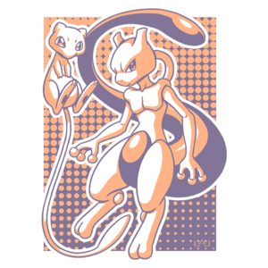 Ilustração de Mewtwo e Mew, personagens icônicos da franquia Pokémon, em cores suaves e estilo minimalista. Mewtwo, com sua postura imponente, exibe detalhes de sua forma muscular, enquanto Mew apresenta uma expressão doce ao seu lado. O fundo possui um padrão de pontos em tons pastel, destacando os personagens.