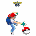 Imagem do personagem Ash Ketchum do jogo Pokémon GO, lançando uma Pokébola. O personagem usa boné vermelho, camiseta branca, colete azul e luvas verdes, em uma pose dinâmica, enfatizando a ação de capturar Pokémon. Logo do Pokémon GO visível no topo.