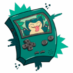 Console de videogame em estilo cartoon com uma tela mostrando um Pokémon Snorlax sorridente, cercado por folhas verdes. Ideal para fãs de jogos e cultura pop.