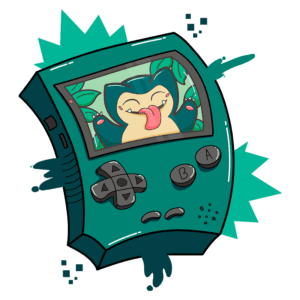 Console de videogame em estilo cartoon com uma tela mostrando um Pokémon Snorlax sorridente, cercado por folhas verdes. Ideal para fãs de jogos e cultura pop.