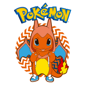 Ilustração do Pokémon Charmander usando um moletom laranja, com asas azuis e uma cauda em chamas. O fundo apresenta padrões de ziguezague em cores quentes. O logo "Pokémon" está destacado no topo da imagem.