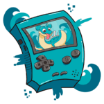 Console de videogame retro em azul, exibindo um personagem animado de um Pokémon inspirado em um dragão aquático, com detalhes vibrantes e ondas ao redor.
