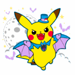 Pikachu com asas de morcego e chapéu, posando de forma divertida diante de uma lua cheia, cercado por morcegos e estrelas. Ideal para fãs de Pokémon e ilustrações temáticas.