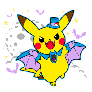 Pikachu com asas de morcego e chapéu, posando de forma divertida diante de uma lua cheia, cercado por morcegos e estrelas. Ideal para fãs de Pokémon e ilustrações temáticas.