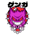 Ilustração de um Pokémon do tipo fantasma, com tonalidade roxa e expressão assustadora, cercado por nuvens brancas e um fundo vermelho. O design inclui uma Pokébola e elementos gráficos que destacam sua natureza sombria.