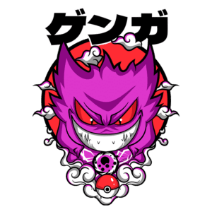 Ilustração de um Pokémon do tipo fantasma, com tonalidade roxa e expressão assustadora, cercado por nuvens brancas e um fundo vermelho. O design inclui uma Pokébola e elementos gráficos que destacam sua natureza sombria.