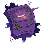 Console de videogame roxo com um personagem de Pokémon, Gengar, exibindo uma expressão maliciosa na tela. O design é divertido e atraente, ideal para fãs de jogos e cultura pop.
