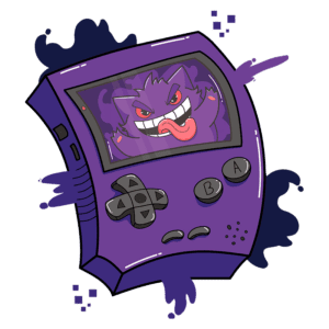 Console de videogame roxo com um personagem de Pokémon, Gengar, exibindo uma expressão maliciosa na tela. O design é divertido e atraente, ideal para fãs de jogos e cultura pop.