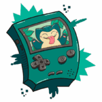 Ilustração de um console de videogame em estilo cartoon, com um Snorlax na tela, cercado por folhas verdes. O design apresenta botões clássicos e efeitos gráficos coloridos.