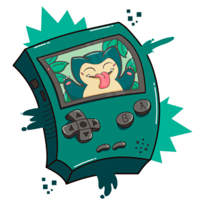 Ilustração de um console de videogame em estilo cartoon, com um Snorlax na tela, cercado por folhas verdes. O design apresenta botões clássicos e efeitos gráficos coloridos.