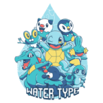Imagem colorida de pokémons do tipo água, incluindo Squirtle, Oshawott, Piplup e outros, em um fundo com gota d'água. Ideal para fãs de Pokémon e colecionadores.