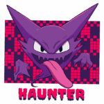 Ilustração do Pokémon Haunter, um espírito fantasmagórico roxo com olhos grandes e uma língua longa, destacando-se em um fundo de padrões vermelhos e pretos.