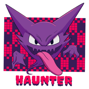 Ilustração do Pokémon Haunter, um espírito fantasmagórico roxo com olhos grandes e uma língua longa, destacando-se em um fundo de padrões vermelhos e pretos.